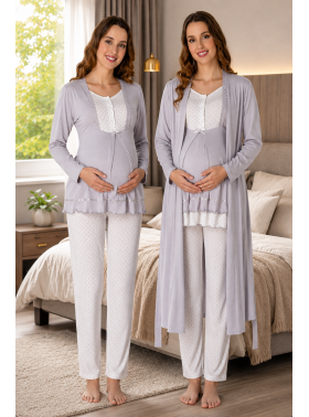 Effortt 9054G Puan Detaylı Gri Sabahlıklı Lohusa Pijama Takımı